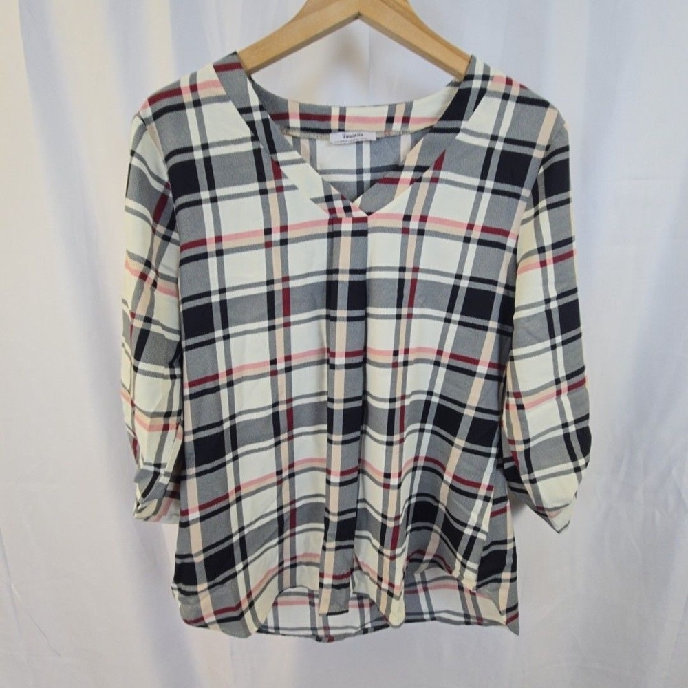 Youtalia Blouse Womens Large Multicolor Plaid V Neck 3/4 Sleeve Tunic Top Casual